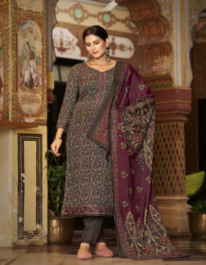 maroon top - premium pashmina spun with exclusive embroidery work (2.50 mtr) | dupatta - pure pashmina spun box pallu exclusive shawl (2.30 mtr) | bottom - premium pashmina spun (3 mtr) fabric embroidery work ethnic 