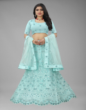 sky blue lehenga - net | flair - 3 meter | inner - micro cancan also comes for more volume of flair semi stitched up to 44 size (length - 42) | choli - silk (unstitched 0.80 meter ) (up to 46) | dupatta - net (2.50 mtr) fabric embroidery work wedding 
