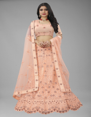 orange lehenga - net | flair - 3 meter | inner - micro cancan (semi stitched up to 44 size) (length - 42) | choli - silk (unstitched 0.80 meter ) (up to 46) | dupatta - net (2.50 mtr) fabric embroidery work wedding 