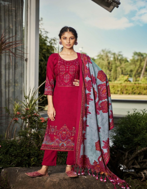 red top - premium pashmina spun with exclusive embroidery work (2.50 mtr) | dupatta - pure pashmina spun box pallu exclusive shawl (2.30 mtr) | bottom - premium pashmina  spun (3 mtr) fabric embroidery work ethnic 