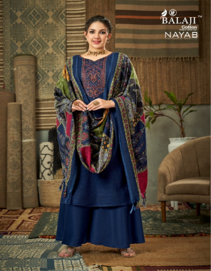 navy blue top - pure pashmina with digital print with kashmiri embroidery (2.50 mtr) | bottom - pure pashmina haring bond (2.75 mtr) | dupatta - pure pashmina shawl (2.25 mtr) fabric embroidery work ethnic 