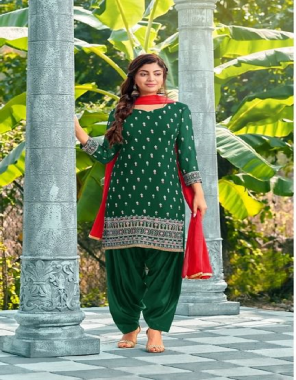 dark green top - heavy faux georgrtte with embroidery work with real mirrors hand work inner santoon attached (lentgh - 42 , size upto - 54) | bottom - heavy santoon silk (2.75 mtr) | dupatta - heavy naznin chiffon with lace (length - 2 mtr) fabric embroidery work festive  