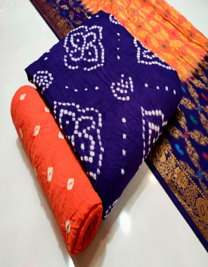 purple top - heavy satin cotton with small barik & full bandhej (2.50 mtr) | bottom - heavy satin bandhej print (2.30 mtr) | dupatta - heavy satin cotton banasari dupatta (2.25 mtr) fabric printed work casual  
