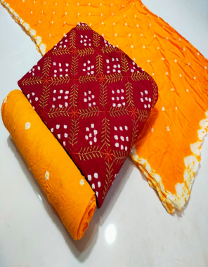 maroon top - pure cotton with satin bandhej with heavy work (2.50 mtr) | bottom - pure cotton with satin (2.30 mtr) | dupatta - heavy malmal kangari dupatta (2.25 mtr)  fabric embroidery work casual  