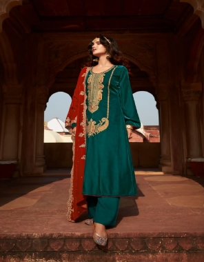 dark green top - pure soft velvet with heavy lush embroidery neck and sleeves  | bottom - pure pashmina dyed | dupatta - pure light weight soft velvet heavy embroidery scalping dup fabric embroidery work festive 