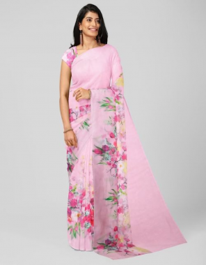 baby pink linen woven saree crafted with floral print (5.50 mtr) | blouse - linen (unstitched) (0.80 mtr) fabric printed work ethnic  