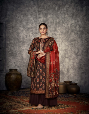 coffee top - pure pashmina spun with exclusive embroidery work (2.50 mtr) | dupatta - pure pashmina spun box pallu exclusive shawl (2.30 mtr)| bottom - pure pashmina spun (3 mtr) fabric embroidery work ethnic  