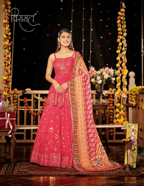 red gown - pure georgette | work - embroidery four sequence work | dupatta - pure viscose crochet print | inner - full inner in all designs with cancan 2 inner flair | lehenga length - max up to 42 | flair - 4 meter  fabric embroidery work festive 