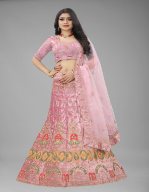 pink lehenga - velvet | flair - 3 meter | inner - micro (flair semi stitched up to 44) (length - 42) | choli - velvet (unstitched 0.80 meter ) (up to 46) | dupatta - net (2.50 mtr) fabric embroidery  work wedding  