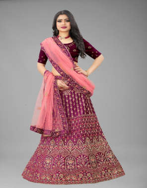 rani pink lehenga - velvet | flair - 3 meter | inner - micro (flair semi stitched up to 44) | (length - 42) | choli - velvet (unstitched 0.80 meter ) (up to 46) | dupatta - net     fabric embroidery  work wedding  