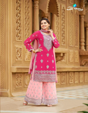 pink top - blooming georgette | bottom - pure georgette | dupatta - net with heavy work | note - top semi stitched & sarara stitched  fabric embroidery  work wedding  