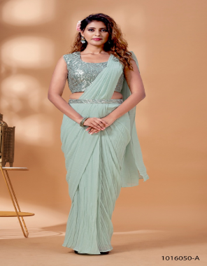 sky blue pure crush georgette | fully stitched saree and stitched blouse with belt | blouse size - 36 | 2 - 2 inch margin inside | can be extended up to 40 fabric plain work work wedding 