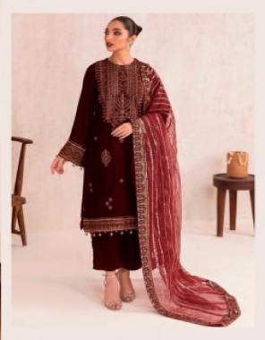 maroon top - velvet with embroidery | bottom - rayon pashmina | dupatta - net with embroidery / chinon with embroidery ( pakistani copy ) fabric embroidery work festive 