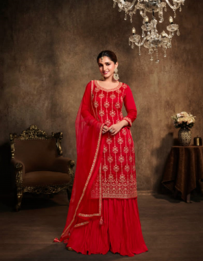 red kurta - embroidered silk georgette | sharara - crushed silk georgette | dupatta - embroidered net fabric embroidery  work ethnic 