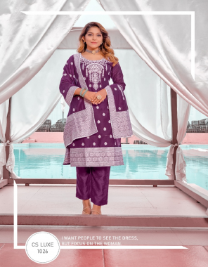 purple top - viscose chanderi with weaving banarasi jacquard | pent - pure viscose | dupatta - viscose chanderi with weaving banarasi jacquard work  fabric embroidery  work wedding 