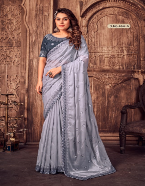grey saree - srivalli silk | blouse - satin silk , fully embroidery work (contrast colour) | work - sequin work on border and body  fabric embroidery work festive 