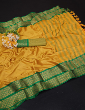 yellow cotton silk jacquard saree with heavy zari patta , brocade blouse & jhallar pallu fabric printed work ethnic  