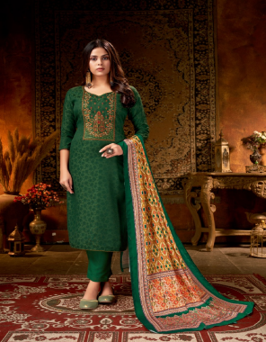 dark green top - pashmina jacquard dyed with embroidery work | bottom - pashmina dyed | dupatta - pashmina digital print fabric embroidery work ethnic  