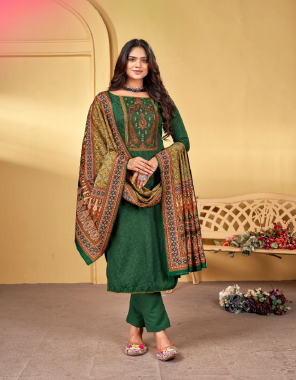 dark green top - pashmina jacquard with embroidery work | bottom - pashmina dyed | dupatta - pashmina digital print  fabric embroidery work ethnic 