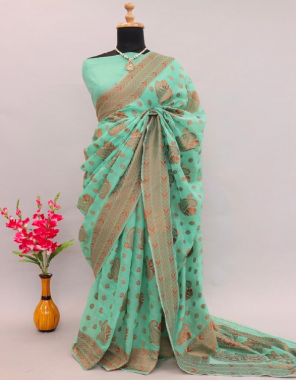 rama blue soft linen silk | blouse - cotton fabric printed work ethnic 