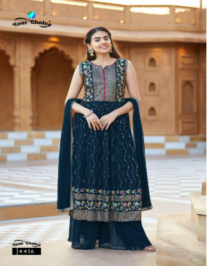 navy blue top / bottom / dupatta - blooming georgette | inner - dull santoon (fully ready made free size upto 2xl + marjin be come with sleeves ) fabric embroidery work wedding 