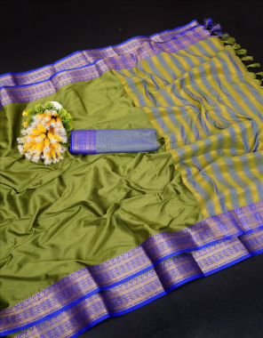 mahendi  pure cotton silk jacquard saree with heavy zari patta , brocade blouse & jhallar pallu fabric printed work festive 
