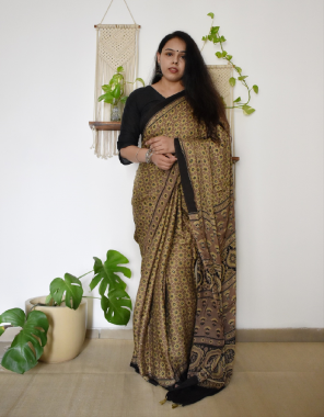 brown imported chanderi cotton ajrak style printed saree with running blouse (6.40 meter) fabric printed work festive 