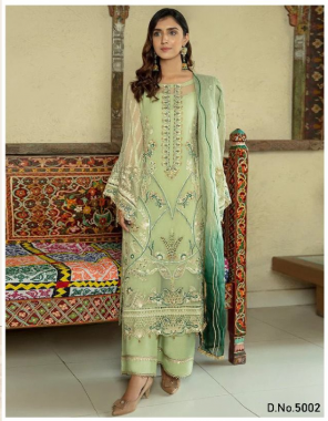 parrot green top - heavy georgette beautiful with fancy embroidery work with moti work | bottom - heavy santoon with | dupatta - net embrpodery / nazmeen embroidery (pakistani copy) fabric embroidery work wedding 