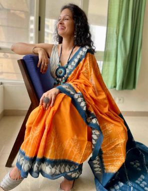 orange pure linen sarees (6.40 meter) with pochampally style 3d digital print & designer blouse  fabric printed  work wedding  