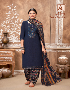 navy blue top - pure viscose rayon self print with embroidery and swarovski diamond work | bottom - pure viscose reyon patiala print | dupatta - pure nazmeen chiffon designer print dupatta with four side lace  fabric embroidery work festive 