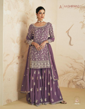 purple top - real georgette n chinnon (free size stitch) | plazzo - real georgette n chinnon (free size stitch) | dupatta - real georgette n chinnon (free size stitch xl size  fabric embroidery work wedding 