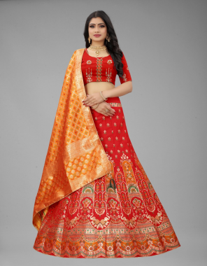 red lehenga - banarasi silk | flair - 3 (meter) | inner - micro (semi stitched up to 44) | (length - 42) | choli - banarasi silk (unstitched 0.80 meter) (up to 46) |dupatta - banarasi silk (2.50 meter) fabric printed  work wedding 
