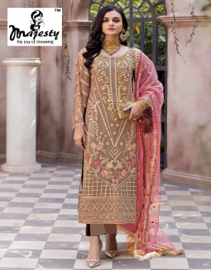 brown  top - fox georgette | bottom - santoon | inner - santoon | dupatta - nazmin / net (pakistani copy) fabric embroidery work wedding 
