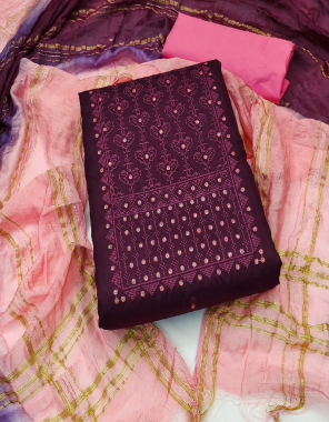 purple top - coco silk (2 mtr) | bottom -  indo cotton (2 mtr) | dupatta - corona bandhani print (2.15 mtr) fabric printed  work festive 