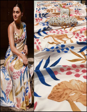 white japan satin silk saree crafted with digital print all over (5.50 mtr| blouse - mono fusion silk (1.00 mtr) ) (master copy) fabric printed  work festive 