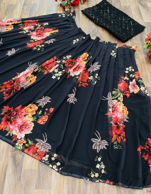 black lehenga - georgette | work - digital print work | inner - sattin silk canvas flair - 3 meter | blouse - heavy thai silk (0.90 mtr) (unstitch blouse) | work - embroidered sequence work (master copy) fabric embroidery work party wear 