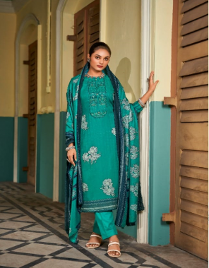 rama blue top - pure pashmina designer print with embroidery work | dupatta - pashmina shawl print with arca lace | bottom - pashmina  fabric embroidery work ethnic 