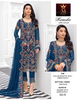 sky blue top - fox georgette with embroidery | bottom - santoon | dupatta - nazmeen with embroidery (pakistani copy) fabric embroidery work festive 