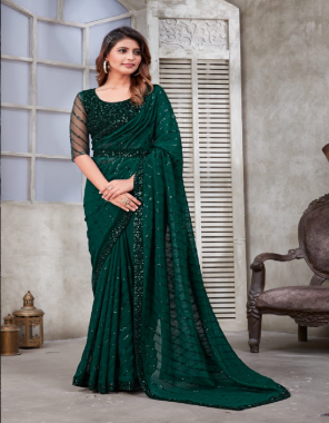 dark green saree - soft organza silk | blouse - pure 9000 velvet heavy sequence work | work - pure 9000 velvet sequence work border and velvet belt fabric sequence work festive  