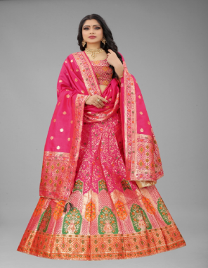pink lehenga - banarasi silk | flair - 3 meter | inner - micro (semi stitched up to 44) (length - 42) | choli - banarasi silk (unsticthed 0.80 meter) (up to 46) | dupatta - banarasi silk (2.50 mtr) fabric embroidery work wedding 