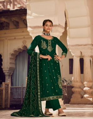 dark green  top - dola jacquard with mx jari | bottom - pure viscose santoon | duapatta - silk georgette with sequence embroidery work with 4 side jacquard border fabric embroidery work festive 