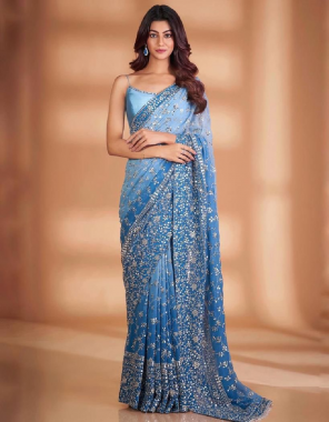 sky blue saree - pure georgette silk (multi stich embroidery work and sequence work (master copy) fabric embroidery work wedding 
