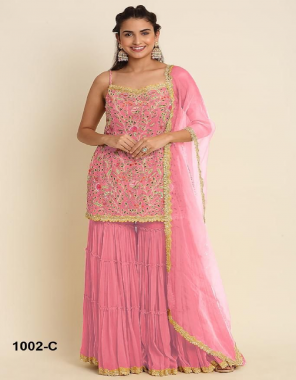 baby pink top - heavy fox georgette with embroidery sequance work with sleeves | bottom - heavy fox georgette with less | bottom inner - heavy santon silk | top inner - heavy santoon silk | dupatta - heavy net with embroidery sequance work 4 side lace (master copy) fabric embroidery work wedding 