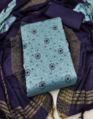 sky blue top - zora silk (2 mtr) | bottom - indo cotton (2 mtr) | dupatta - cotton dupatta (2.15 mtr) fabric embroidery work festive 