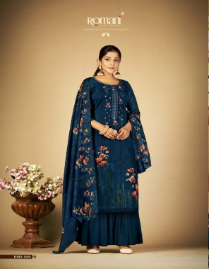 navy blue top - premium soft cotton digital style print with heavy embroidery work and swarovsky work (2.50 mtr) | dupatta - soft cotton mal mal dupatta (2.30 mtr) | bottom - soft cotton salwar (3 mtr apx) fabric embroidery work casual 