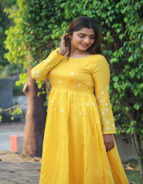 yellow nylon cotton hand bandhej gown | chest - 40 (inside 2 inch extra margin to adjust upto 36 to 42 for your body comfort ) | waist - 34 (adjustable upto 36) | length - 56 | flair - 3.5 mtr| sleeve length - 20 | lining - cotton (full upto bottom) fabric printed  work wedding 