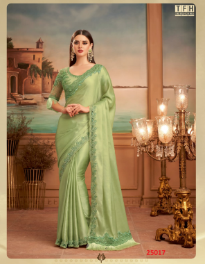 parrot green saree - silk , chiffon (6.30 mtrs apx) | blouse - net,silk  fabric embroidery  work festive 