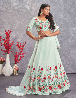 sea green lehenga / choli - georgette  | lehenga belt work - thread with sequence embroidered and mirror work (length - 42 inch )(semi stitched)| choli work - thread with sequence embroidered work (length - 1 mtr) (unstitched) | dupatta - georgette | dupatta work - thread work sequence ,embroidered and mirror work (length - 2.30 mtr)  | size - upto 42 bust and waist  fabric embroidery  work festive 