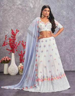 pearl white lehenga / choli - georgette  | lehenga belt work - thread with sequence embroidered and mirror work (length - 42 inch )(semi stitched)| choli work - thread with sequence embroidered work (length - 1 mtr) (unstitched) | dupatta - georgette | dupatta work - thread work sequence ,embroidered and mirror work (length - 2.30 mtr)  | size - upto 42 bust and waist  fabric embroidery  work wedding 