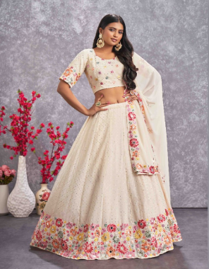 beige lehenga / choli - georgette  | lehenga belt work - thread with sequence embroidered and mirror work (length - 42 inch )(semi stitched)| choli work - thread with sequence embroidered work (length - 1 mtr) (unstitched) | dupatta - georgette | dupatta work - thread work sequence ,embroidered and mirror work (length - 2.30 mtr)  | size - upto 42 bust and waist  fabric embroidery  work festive 